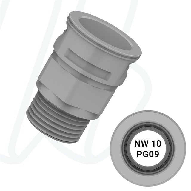 Прямий фітінг до труби NW10 з інтегрованим ущільнювачем, зовнішня різьба PG09 IP67 сірий (упак. 50 шт.), PG, PG09, 12 мм
