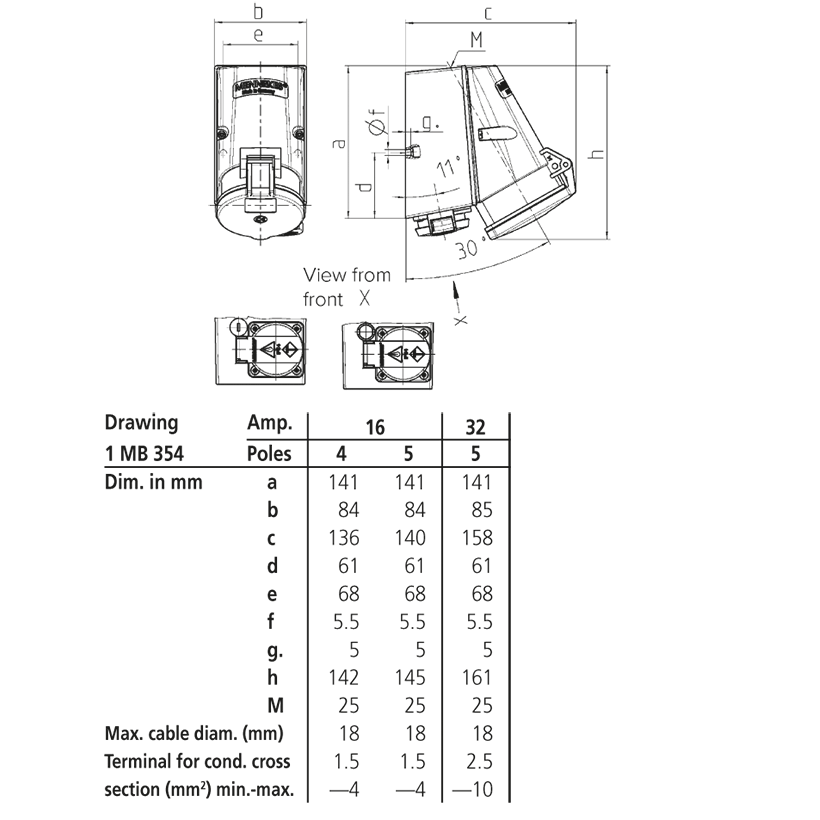Розетка настінна 16A 5п 6г 400В з розеткою Schuko 16A 2п+З 230В, IP44, 16 A, 5, 400 В, 6г