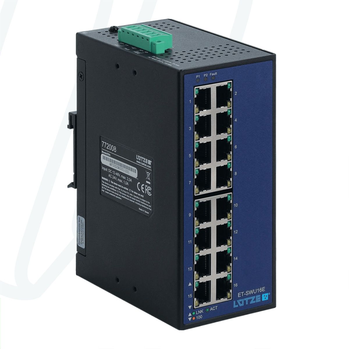 Некерований Ethernet-світч на 16 портів, 10/100 MBit DC 12...48V, AC 24V, -40°C/+75°C | LUTZE