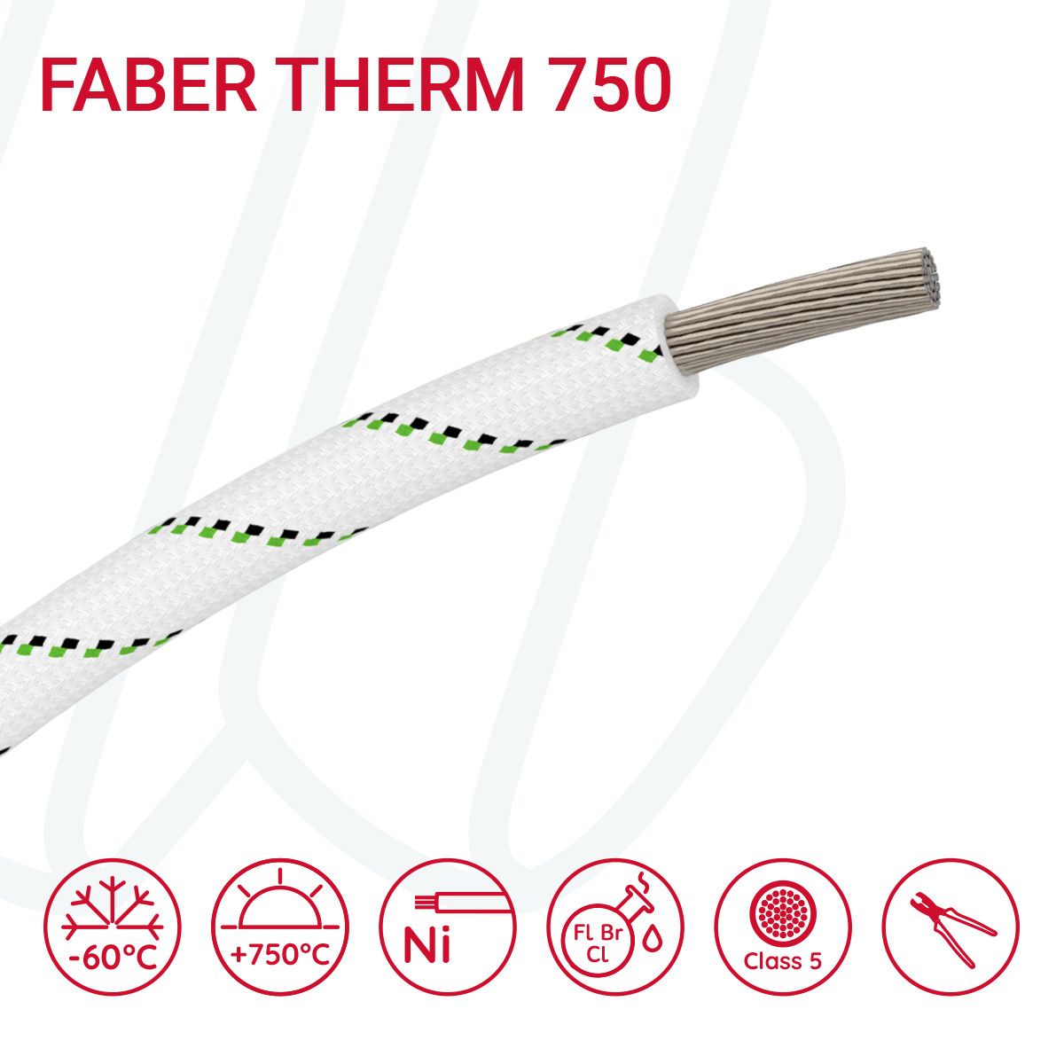 Провід термостійкий FABER THERM 750 01X25 в плетінні з чорною та зеленою ниткою, 01, 25
